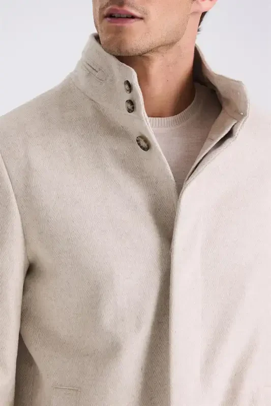 Beige Slim Fit Stand Collar Herringbone Pattern Wool Blazer - 3