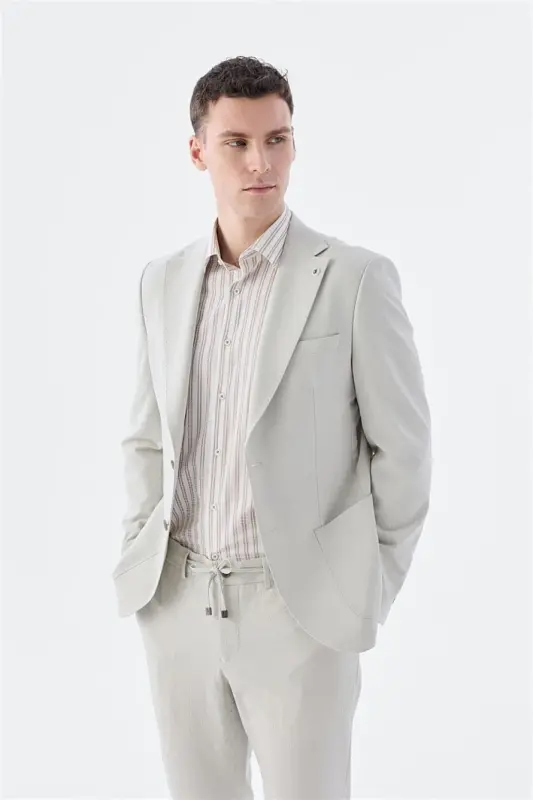Beige Slim Fit Stretch Fabric Suit - 2