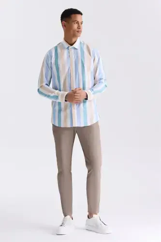 Beige Slim Fit Striped 100% Cotton Shirt - JAKAMEN (1)