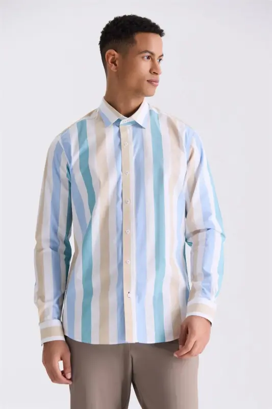 Beige Slim Fit Striped 100% Cotton Shirt - 1