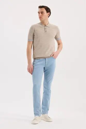 Beige Slim Fit Striped Rayon Polo Collar T-Shirt - 2