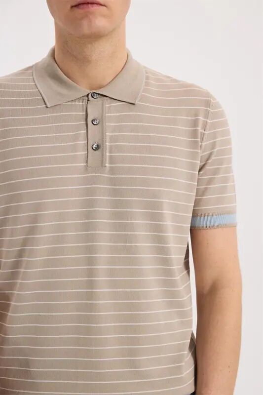 Beige Slim Fit Striped Rayon Polo Collar T-Shirt - 3