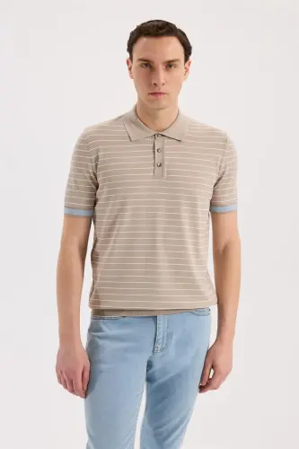 Beige Slim Fit Striped Rayon Polo Neck T-Shirt 