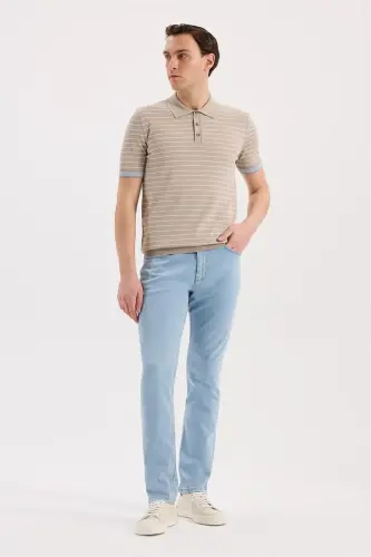 Beige Slim Fit Striped Rayon Polo Neck T-Shirt - 2
