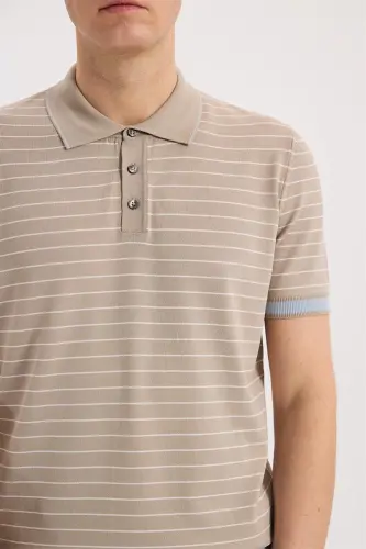 Beige Slim Fit Striped Rayon Polo Neck T-Shirt - 3