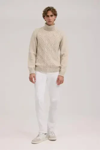 Beige Slim Fit Turtleneck Knit Sweater - 2
