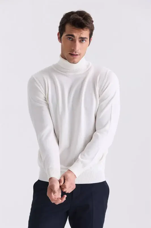 Beige Slim Fit Turtleneck Sweater - 1