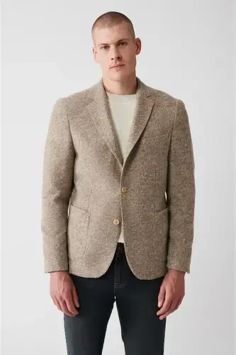 Beige, slim fit, wool blend, double breasted men's jacket. - 1