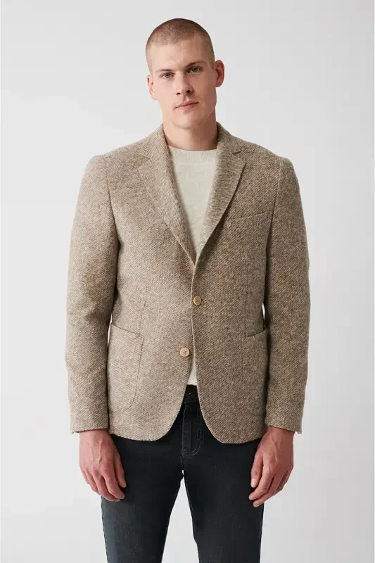 Beige, slim fit, wool blend, double breasted men's jacket. - 1