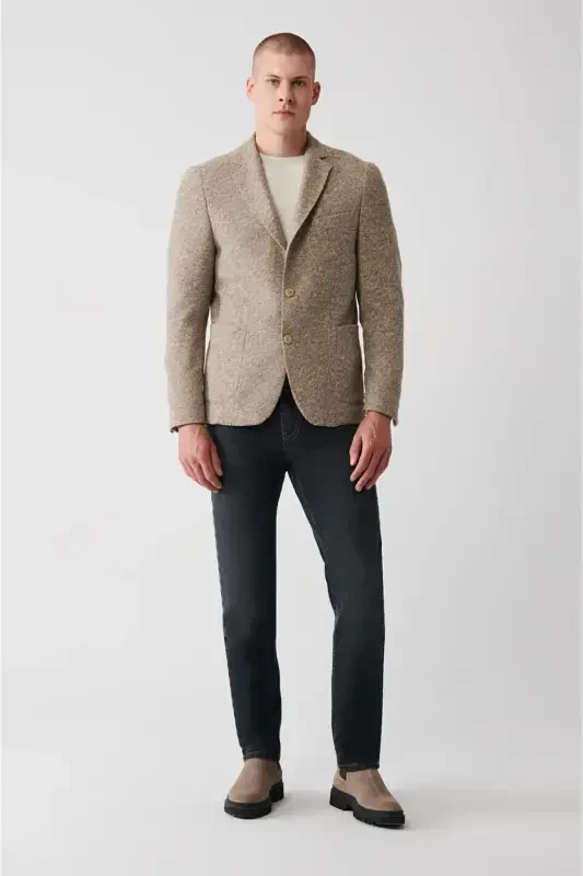 Beige, slim fit, wool blend, double breasted men's jacket. - 6