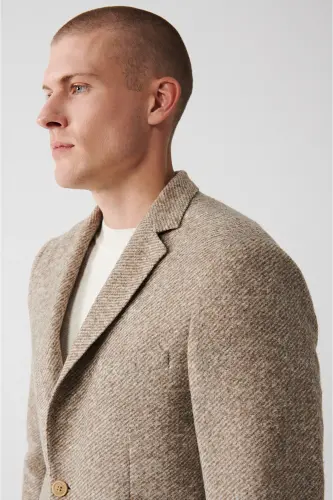 Beige, slim fit, wool blend, double breasted men's jacket. - AVVA (1)