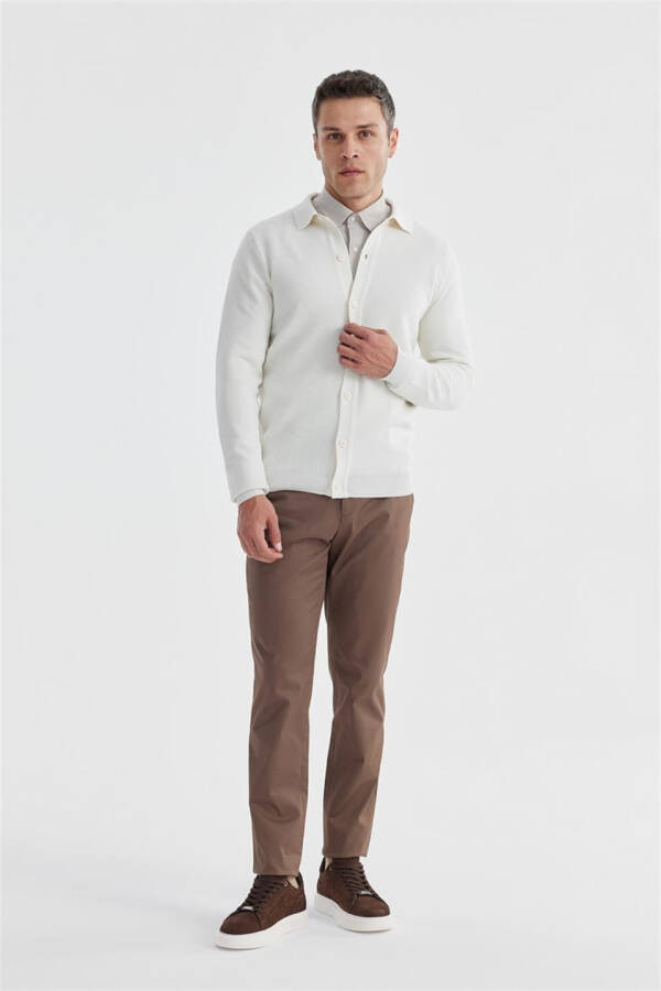 Beige Slim Fit Wool Button-Up Polo Neck Knitwear - 1