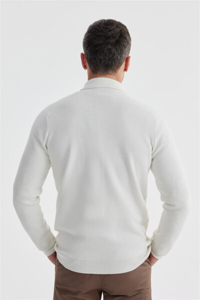 Beige Slim Fit Wool Button-Up Polo Neck Knitwear - 4