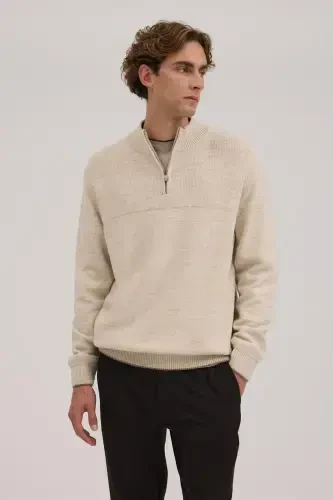 Beige Slim Fit Zippered Knit Sweater - 1