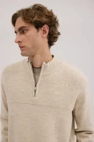 Beige Slim Fit Zippered Knit Sweater - 3