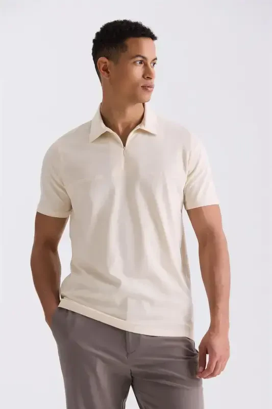 Beige Slim Fit Zippered Polo Neck T-Shirt - JAKAMEN