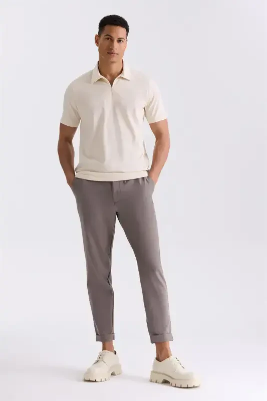 Beige Slim Fit Zippered Polo Neck T-Shirt - 2