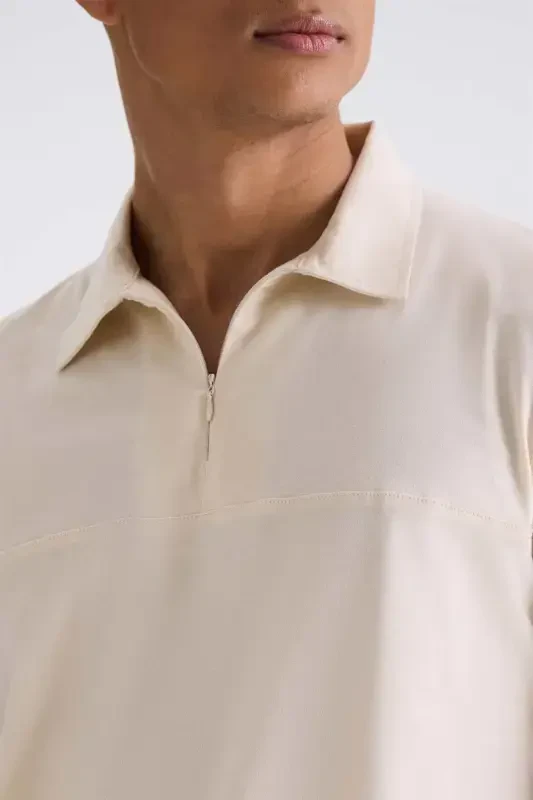 Beige Slim Fit Zippered Polo Neck T-Shirt - 3