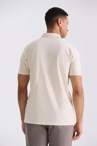 Beige Slim Fit Zippered Polo Neck T-Shirt - 4