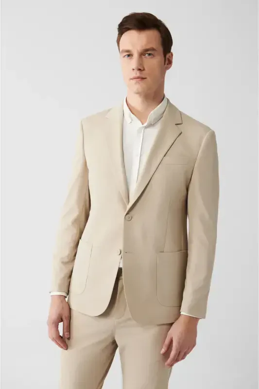 Beige, slit, lined, slim fit, jersey fabric men's jacket. - AVVA