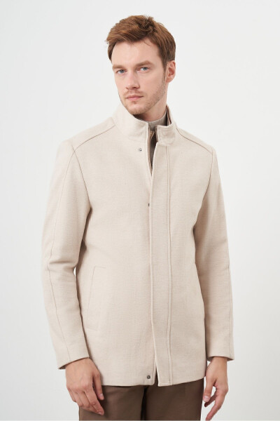 Beige snap-buttoned mandarin collar cashmere coat. - 2