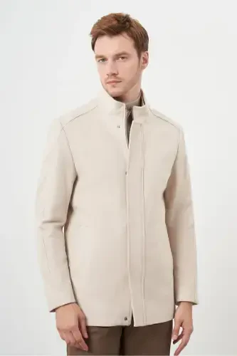 Beige snap-buttoned mandarin collar cashmere coat. - MORVEN (1)