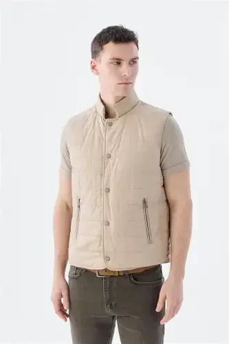 Beige Stand Collar Fiber Filled Slim Fit Vest - 1