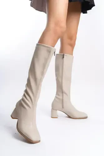 Beige Stretch Block Heel Pointed Toe Women's Boots-Beige - 1