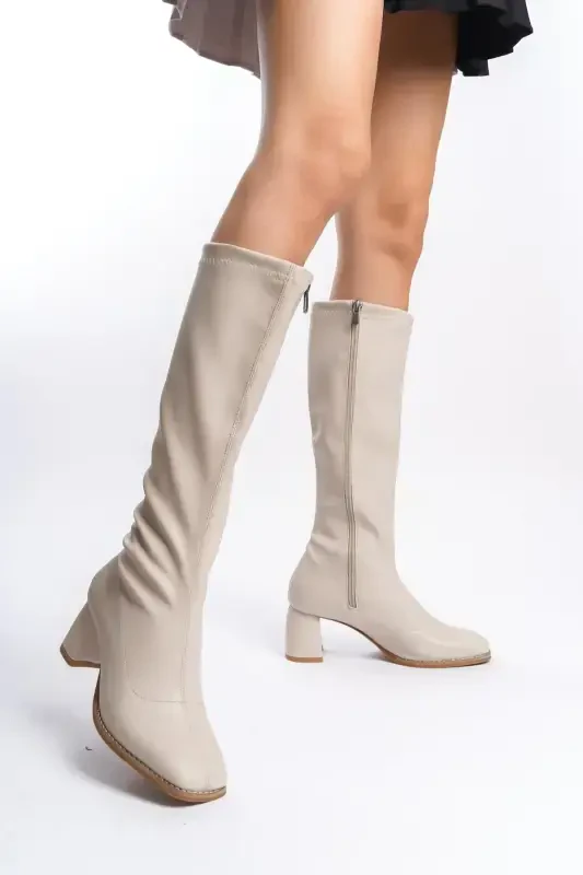 Beige Stretch Block Heel Pointed Toe Women's Boots-Beige - 1