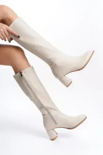Beige Stretch Block Heel Pointed Toe Women's Boots-Beige - BAK STORE (1)