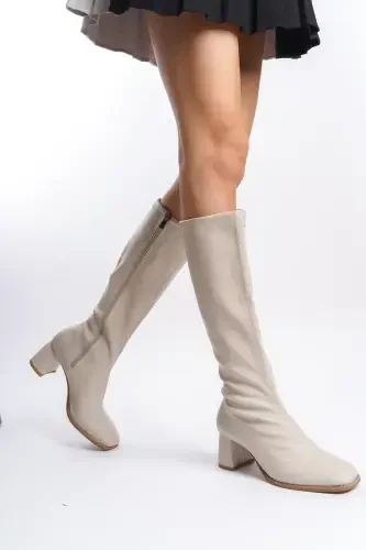Beige Stretch Block Heel Pointed Toe Women's Boots-Beige - 3