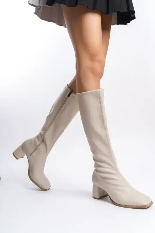 Beige Stretch Block Heel Pointed Toe Women's Boots-Beige - 3