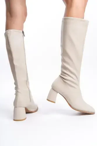 Beige Stretch Block Heel Pointed Toe Women's Boots-Beige - 4