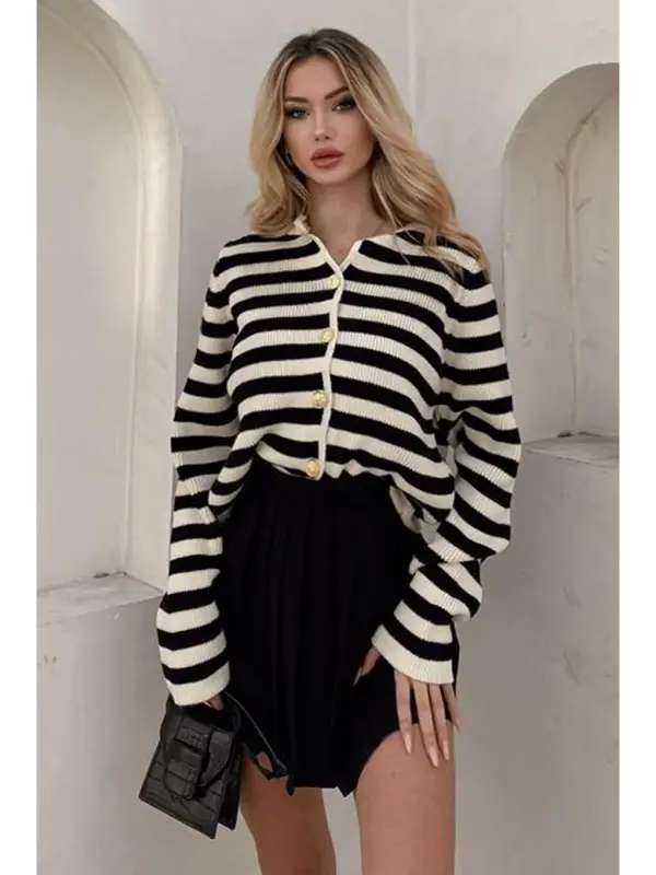 Beige Striped Crew Neck Gold Button Detail Cotton Cardigan - LC WAIKIKI