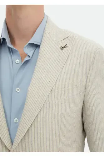Beige Striped Zeroweight Slim Fit Cotton Blend Jacket - 5