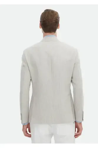 Beige Striped Zeroweight Slim Fit Cotton Blend Jacket - 6