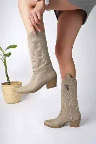 Beige Suede Embroidered New Season Women's Cowboy Boots-Beige - 1