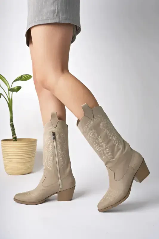 Beige Suede Embroidered New Season Women's Cowboy Boots-Beige - 2