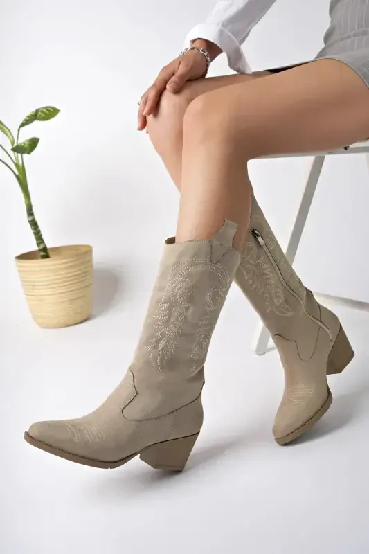 Beige Suede Embroidered New Season Women's Cowboy Boots-Beige - 3