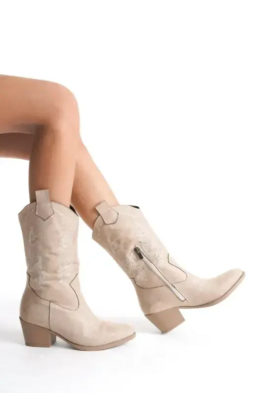 Beige Suede Embroidered Zippered Western Cowboy Women's Boot-Beige Suede - 2