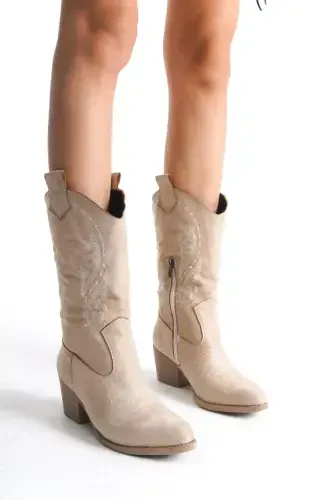 Beige Suede Embroidered Zippered Western Cowboy Women's Boot-Beige Suede - 3