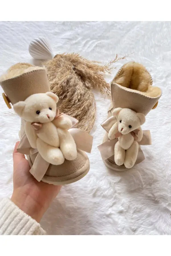 Beige suede teddy bear button boots with wool lining (Order at least one size larger) - 1
