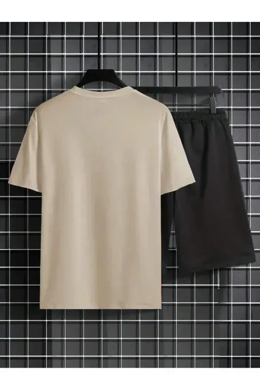 beige t-shirt, california print, matching shorts, oversize set-beige - 2