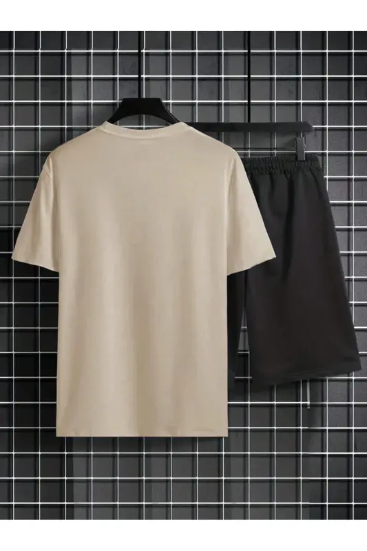beige t-shirt, california print, matching shorts, oversize set-beige - 2