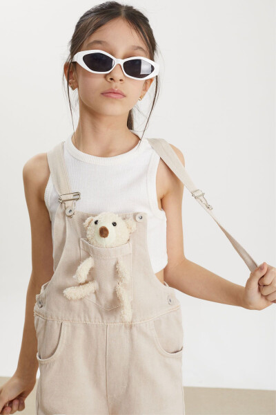 Beige Teddy Bear Pocket Zippered Girls' Overall Jumpsuit 17713 - 11