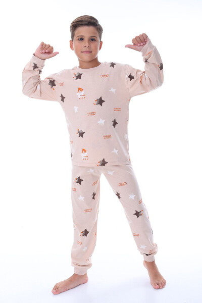 Beige Unisex Pajama Set with Star and Note Pattern - 1