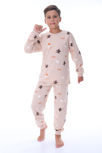 Beige Unisex Pajama Set with Star and Note Pattern - 3