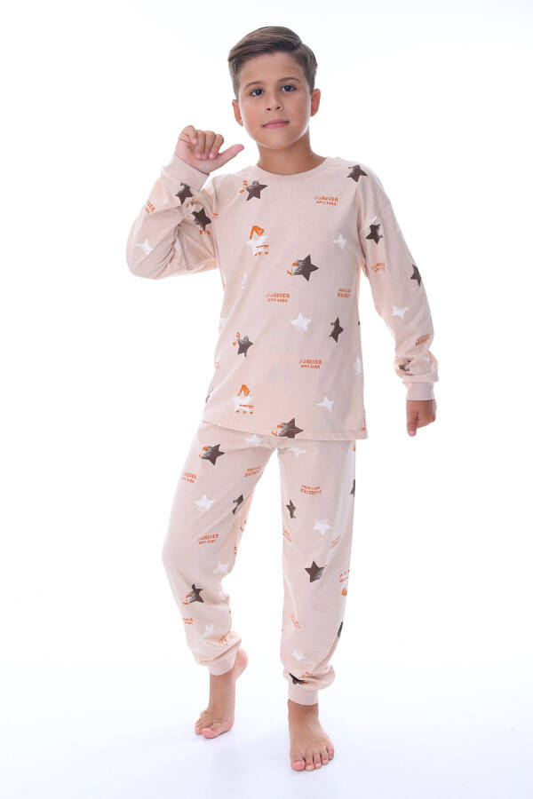 Beige Unisex Pajama Set with Star and Note Pattern - 3