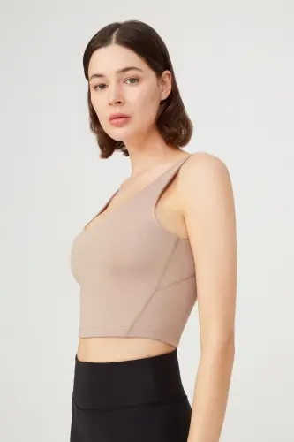 Beige V Neck Lightly Padded Sports Bra Vneck-Beige - 6