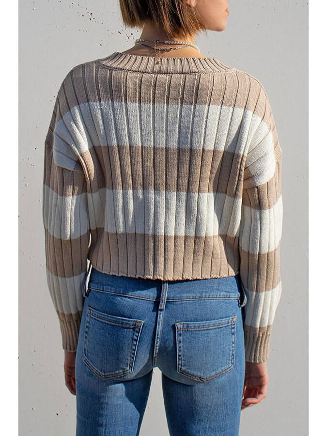 Beige V-Neck Striped Crop Women's Sweater MG1441 - 3